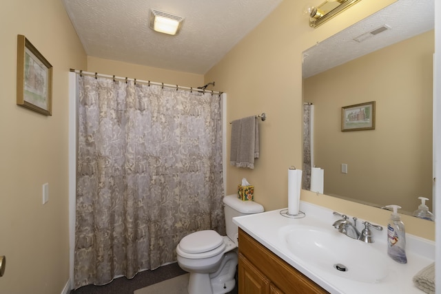 full bathroom with visible vents, a textured ceiling, toilet, and vanity