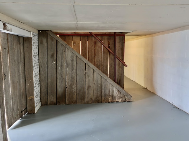 basement featuring concrete block wall and wooden walls