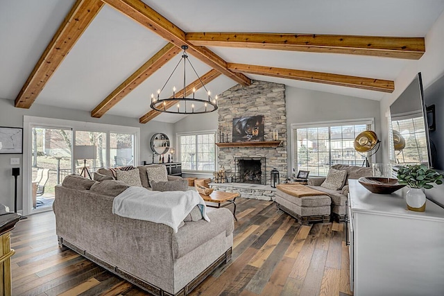 living room featuring dark wood-style floors, high vaulted ceiling, an inviting chandelier, beam ceiling, and a stone fireplace