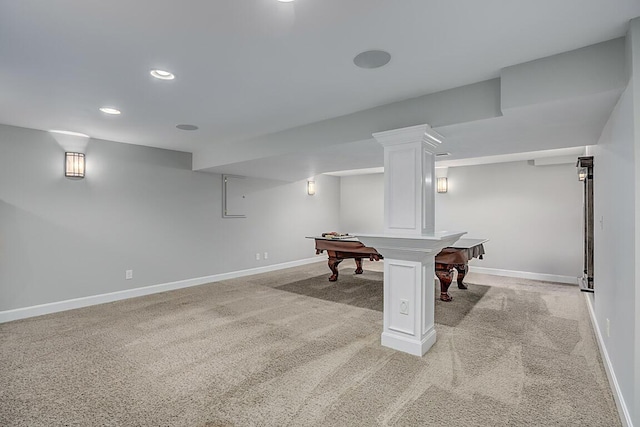 recreation room featuring recessed lighting, baseboards, light carpet, and billiards