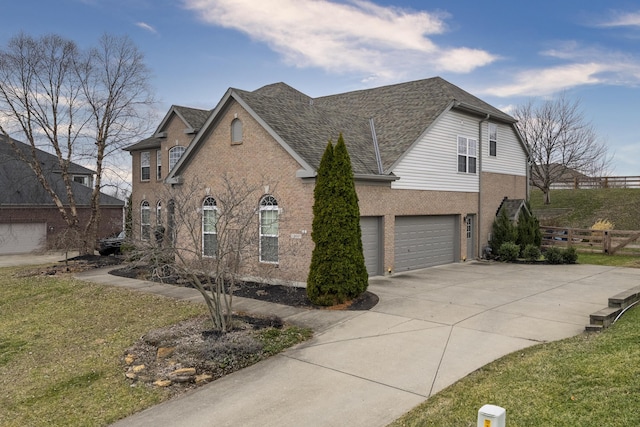 view of front of home with an attached garage, brick siding, fence, concrete driveway, and roof with shingles