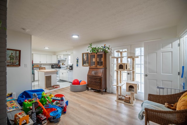 playroom featuring light wood-style flooring, a textured ceiling, and a sink