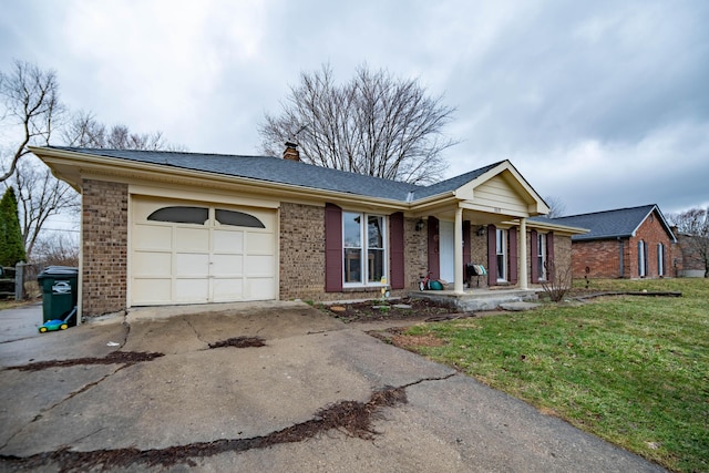 ranch-style home with brick siding, a chimney, concrete driveway, and a garage