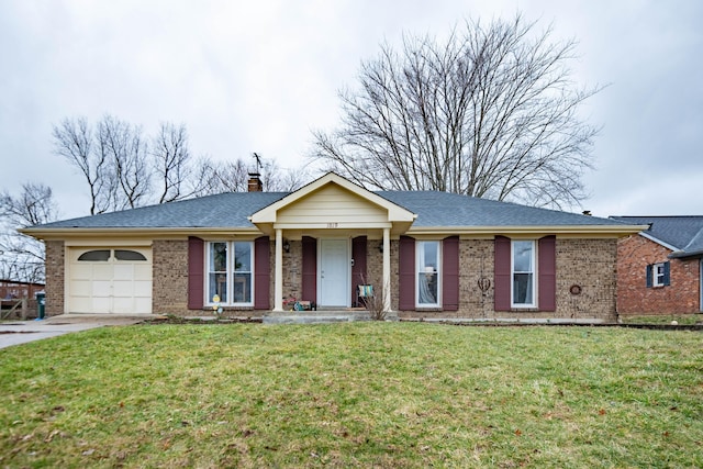 single story home with brick siding, an attached garage, a chimney, and a front lawn