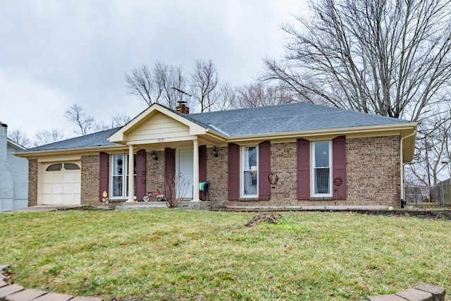 single story home with a front lawn, roof with shingles, an attached garage, brick siding, and a chimney