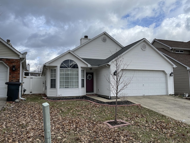 single story home featuring an attached garage, fence, concrete driveway, a gate, and a chimney