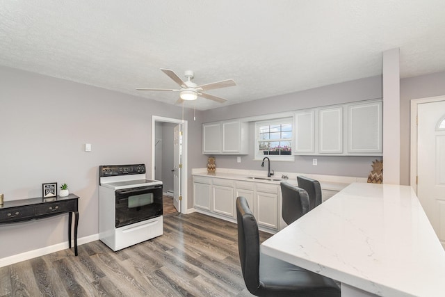 kitchen with ceiling fan, white electric range oven, wood finished floors, white cabinets, and a sink