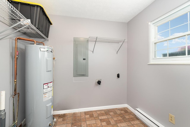 laundry room featuring electric water heater, baseboards, electric panel, laundry area, and hookup for an electric dryer