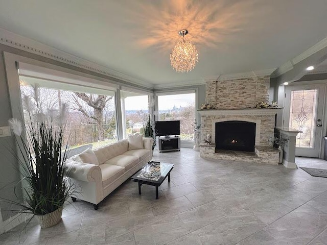 living area featuring ornamental molding and a brick fireplace