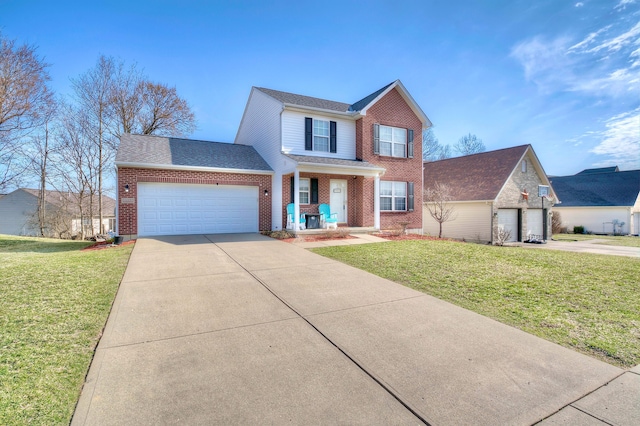 view of front of house with an attached garage, a shingled roof, a front lawn, concrete driveway, and brick siding