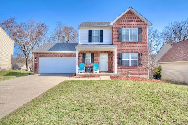 traditional home featuring a front lawn, concrete driveway, an attached garage, a shingled roof, and brick siding