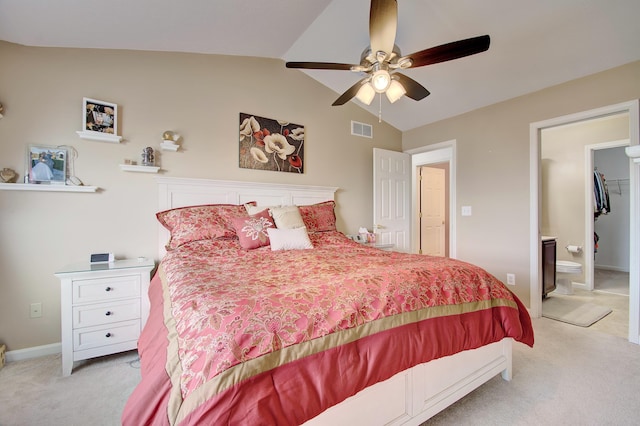 bedroom with visible vents, baseboards, lofted ceiling, light carpet, and a ceiling fan