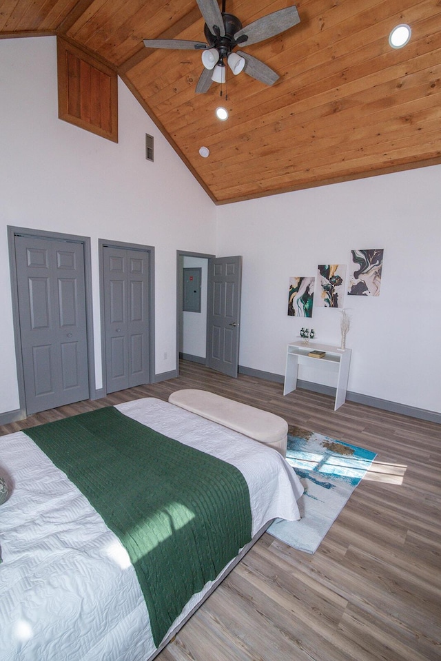 bedroom featuring visible vents, wood finished floors, high vaulted ceiling, wooden ceiling, and baseboards