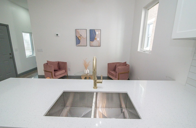 interior details with white cabinets and a sink