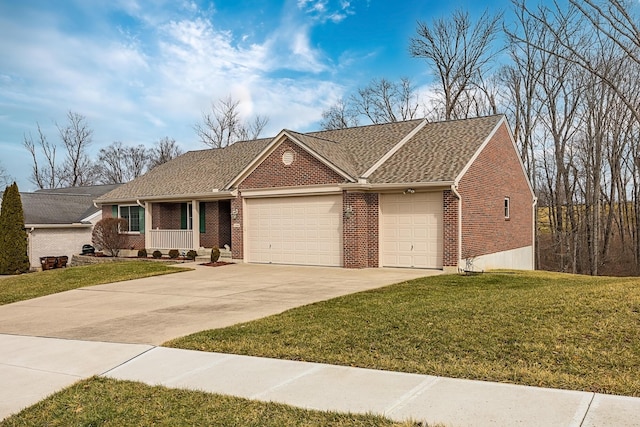 single story home with a garage, brick siding, driveway, roof with shingles, and a front lawn