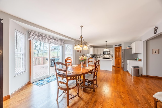 dining room with light wood finished floors and baseboards