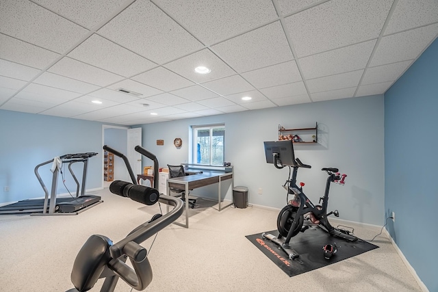 workout room featuring recessed lighting, carpet, visible vents, and baseboards