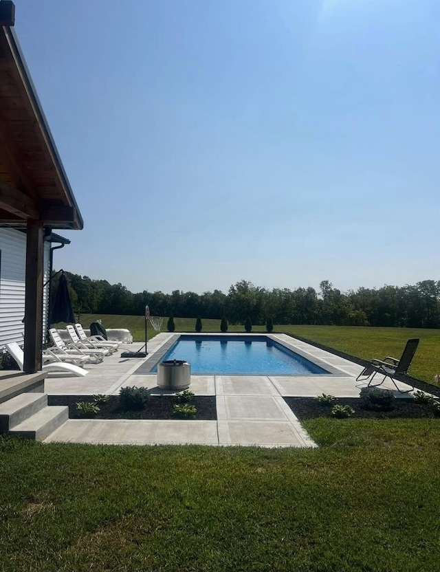 pool featuring a patio and a lawn