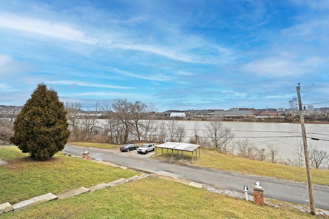 view of road with a water view