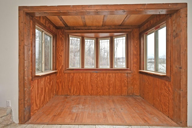 unfurnished room with wood walls, wood ceiling, and wood-type flooring