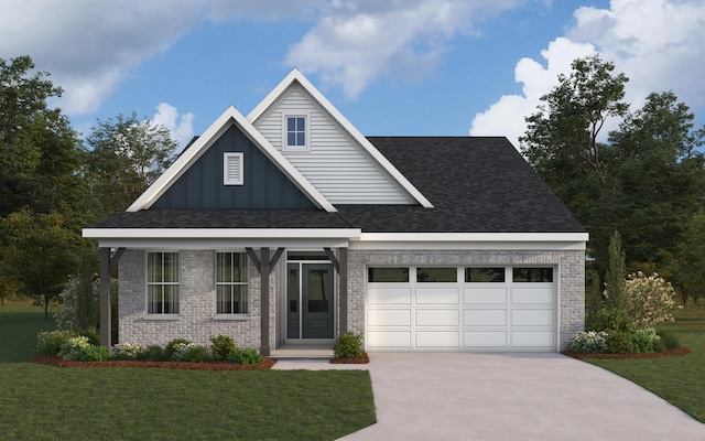 view of front of property with a front lawn, concrete driveway, and brick siding