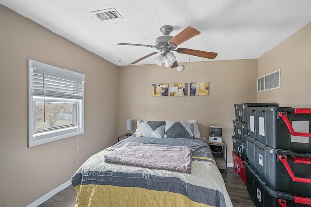 bedroom with visible vents, ceiling fan, baseboards, and wood finished floors