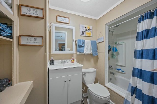 bathroom featuring toilet, shower / bathtub combination with curtain, crown molding, and vanity