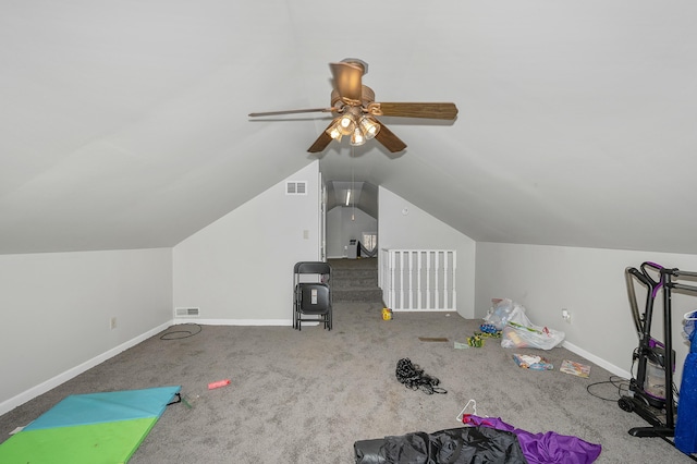 bonus room with carpet, visible vents, lofted ceiling, and baseboards