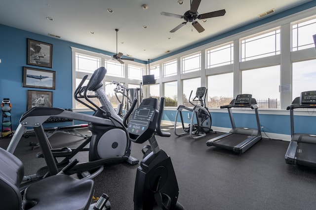 gym with a healthy amount of sunlight, visible vents, and baseboards