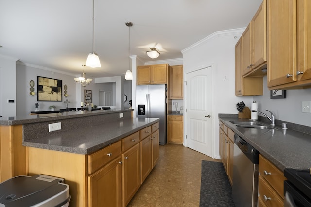 kitchen featuring stainless steel appliances, dark floors, crown molding, and a sink