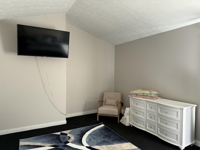 bedroom featuring vaulted ceiling, baseboards, and a textured ceiling