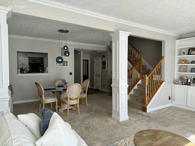 dining space with stairway, light colored carpet, a textured ceiling, and decorative columns