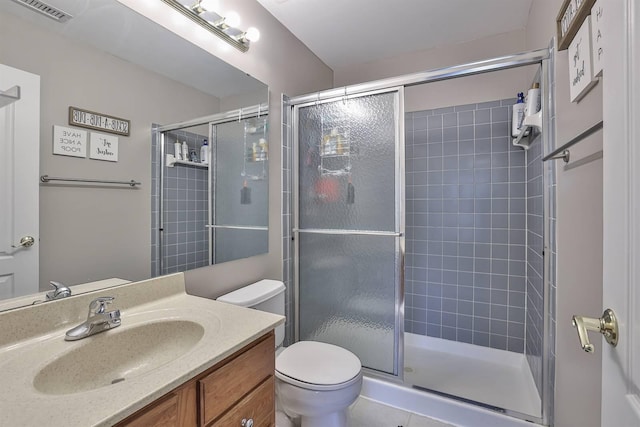 full bathroom with visible vents, toilet, a stall shower, and vanity