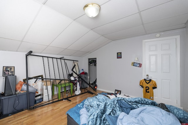 bedroom featuring lofted ceiling, wood finished floors, and a drop ceiling