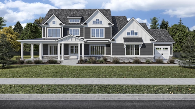 view of front of property featuring a garage, a shingled roof, a front lawn, a porch, and board and batten siding