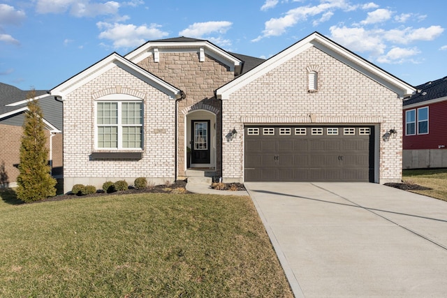 view of front of house with a garage, concrete driveway, brick siding, and a front lawn