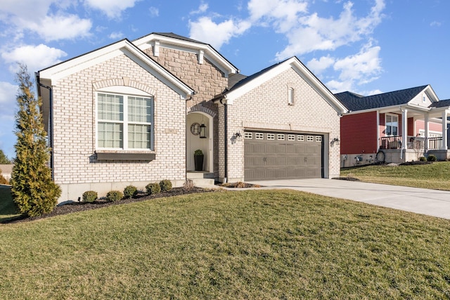 single story home with a garage, driveway, a front lawn, and brick siding