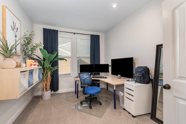 home office featuring baseboards, vaulted ceiling, recessed lighting, and light colored carpet