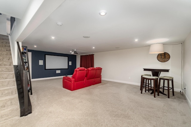 cinema featuring carpet floors, baseboards, and recessed lighting