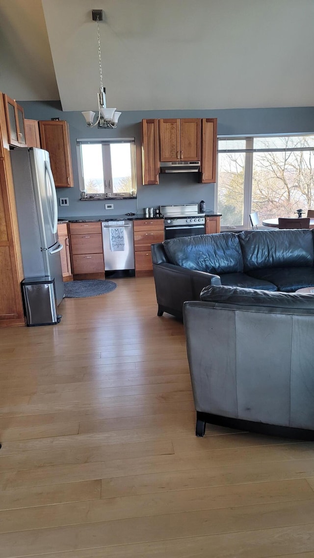 kitchen featuring brown cabinetry, dark countertops, stainless steel appliances, light wood-type flooring, and under cabinet range hood