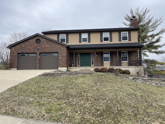 view of front facade with brick siding, a chimney, a porch, concrete driveway, and a garage