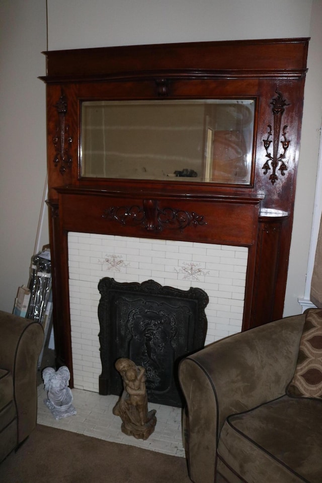 details with a brick fireplace