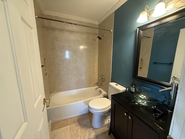 bathroom with vanity, toilet, shower / bathtub combination, and ornamental molding