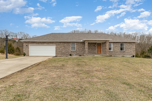 single story home with a front lawn, roof with shingles, concrete driveway, a garage, and brick siding