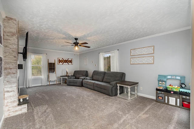 carpeted living room with crown molding, plenty of natural light, baseboards, and a textured ceiling