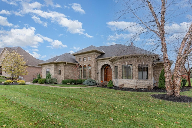 view of front of home featuring brick siding, a chimney, a front lawn, and roof with shingles