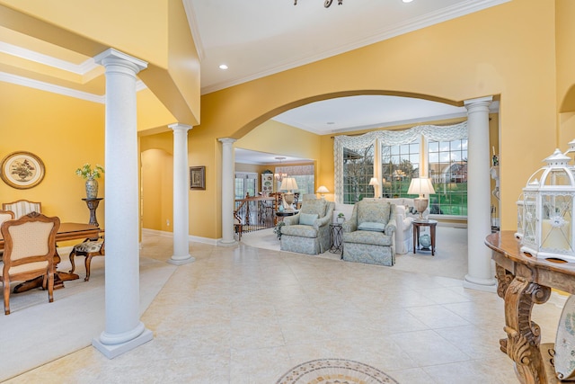 living area with baseboards, ornamental molding, decorative columns, recessed lighting, and light tile patterned flooring