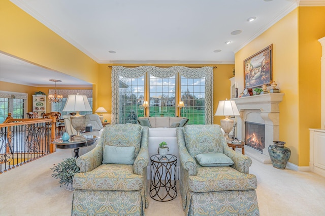 carpeted living room featuring a warm lit fireplace, a notable chandelier, a wealth of natural light, and ornamental molding