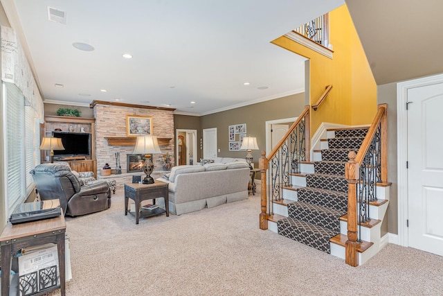 carpeted living room featuring stairs, recessed lighting, visible vents, and ornamental molding