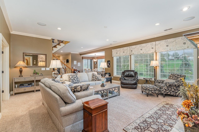 carpeted living area featuring baseboards, visible vents, recessed lighting, ornamental molding, and stairs